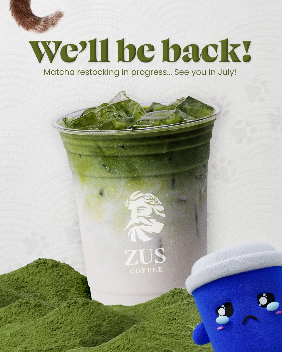ZUSCoffee's tweet photo. We hear you and we're just as frustrated 😔💚

Due to global matcha shortage, our matcha supply is running very low at all outlets. But don't worry, our Matcha Macam Meow is on the case to restock! Coming back this July (we promise!). 

We’ll be waiting together with you. ZUS BUDDY too!
Thanks for sticking with us, ZUSsies!

ZUS Coffee ☕ a Necessity, not a Luxury
#zuscoffee #coffee #adminpunnakmatchajugaktau 😩