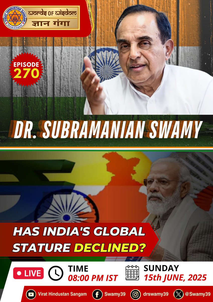Dr ArvindChaturvedi (@arvindchaturved) on Twitter photo WoW/ GyanGanga in the episode 270 this evening will feature Dr Subramanian <a href="/Swamy39/">Subramanian Swamy</a> ,who will discuss India's global image.
More relevant topic in view of Operation Sindoor,related world tour of MPs delegations & PM's 3 nation tour. Join us at 8 PM IST Sunday 15 June. <a href="/vhsindia/">Virat Hindustan Sangam</a> WoW/ GyanGanga in the episode 270 this evening will feature Dr Subramanian <a href="/Swamy39/">Subramanian Swamy</a> ,who will discuss India's global image.
More relevant topic in view of Operation Sindoor,related world tour of MPs delegations & PM's 3 nation tour. Join us at 8 PM IST Sunday 15 June. <a href="/vhsindia/">Virat Hindustan Sangam</a>