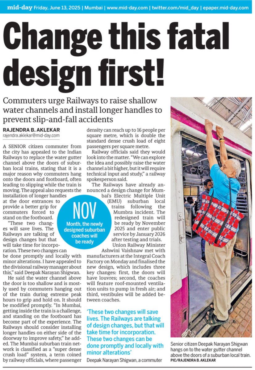 Change this fatal design first! A city-based commuter has appealed to the Indian Railways to replace the traditional design of water gutter channel above the doors of suburban local trains which is a major cause of commuters hanging onto the doors and the footboard leading to
