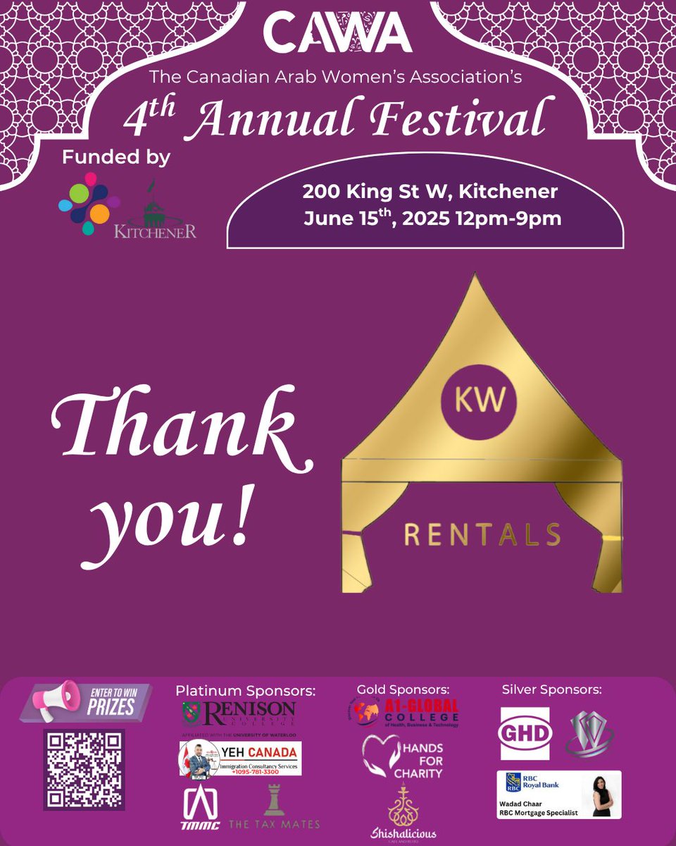A huge THANK YOU to KW Rentals for supporting CAWA’s 4th Annual Festival with amazing discounted rentals! Your generosity helps us make this event bigger, better, and more fun for everyone in KW. We couldn’t do it without you!