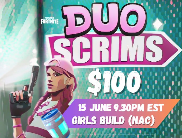 Hosting a GIRLS Duos Scrims with <a href="/Nikolxx28/">Nicole</a> !

📅: 15th June , 9:30PM EST  
💰: $100 ($20 per win)
🎮: 5 NAC BUILDS
👯‍♀️: Duos  

To Be Considered:
- ❤️+♻️
- Reply with your duo below
- Must follow <a href="/GazingNicole/">nicole</a> and <a href="/Nikolxx28/">Nicole</a> 

#Fortnite