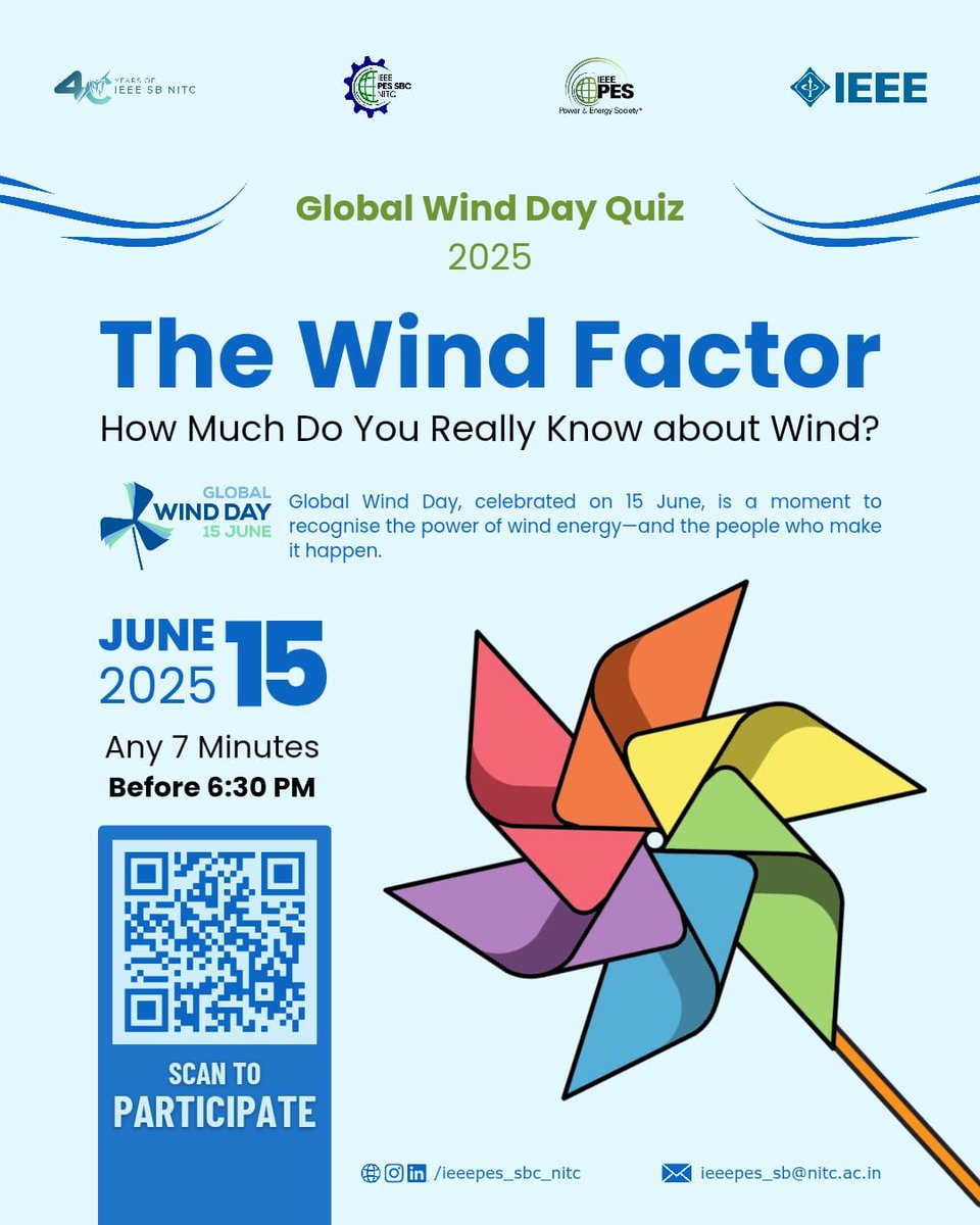 ieeepes_sb_nitc's tweet image. Join us for &quot;The Wind Factor&quot;, a quick online quiz to celebrate the power &amp;amp; potential of wind energy.

🗓️ 15 June
⏱️ Any 7 mins before 18:30
📍 Open to All
🎯 Use the link/QR to participate.
 forms.office.com/r/MT4kx0GaEH

Let’s celebrate the wind that powers a cleaner, greener future!
