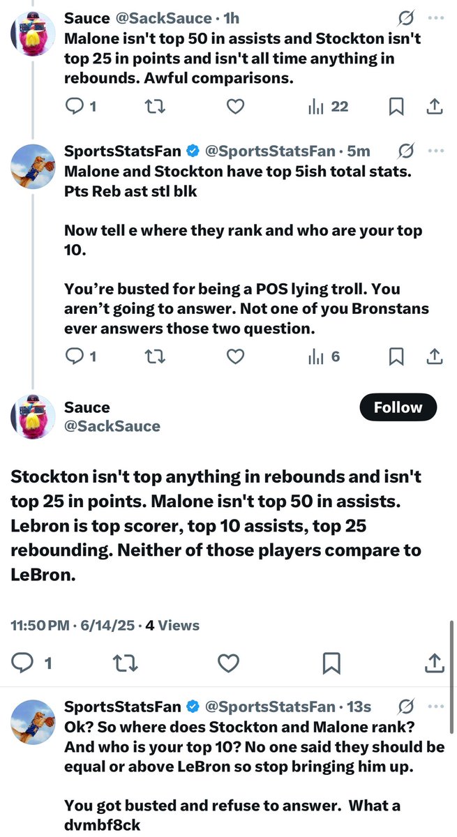 Bronstans number 1,500 to refuse to answer where Malone and Stockton rank all time and who his top 10 all time players are. This after he used LeBron’s career stats to claim LeBron is number of but knows Malone and Stockton are top 5ish using only career stats. 

#bronstansSUCK