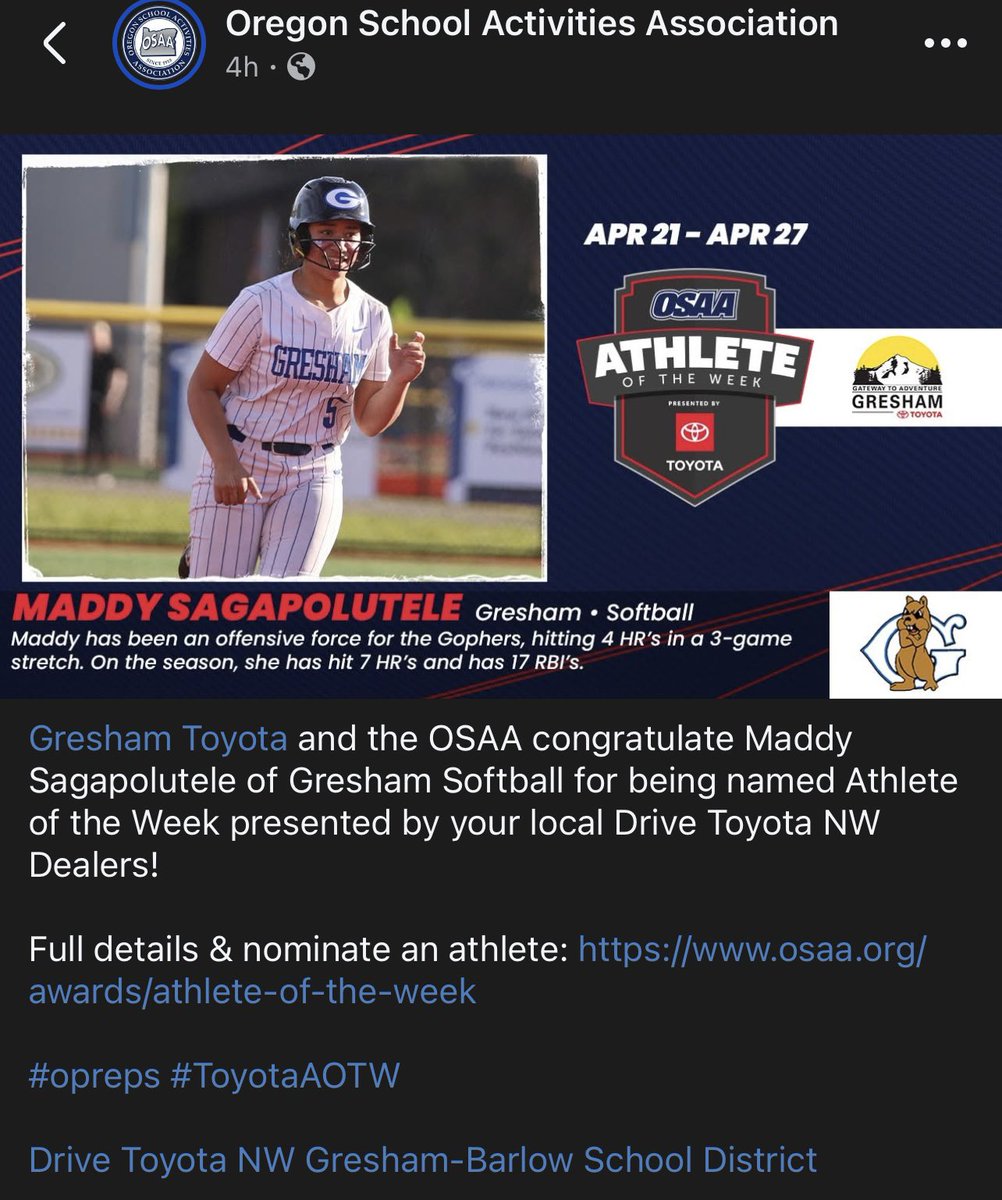 Maddy_saga08's tweet image. I'm honored to be named OSAA Athlete of the Week. #grateful 🥎💙#greshamHighschoolJuniorSeason