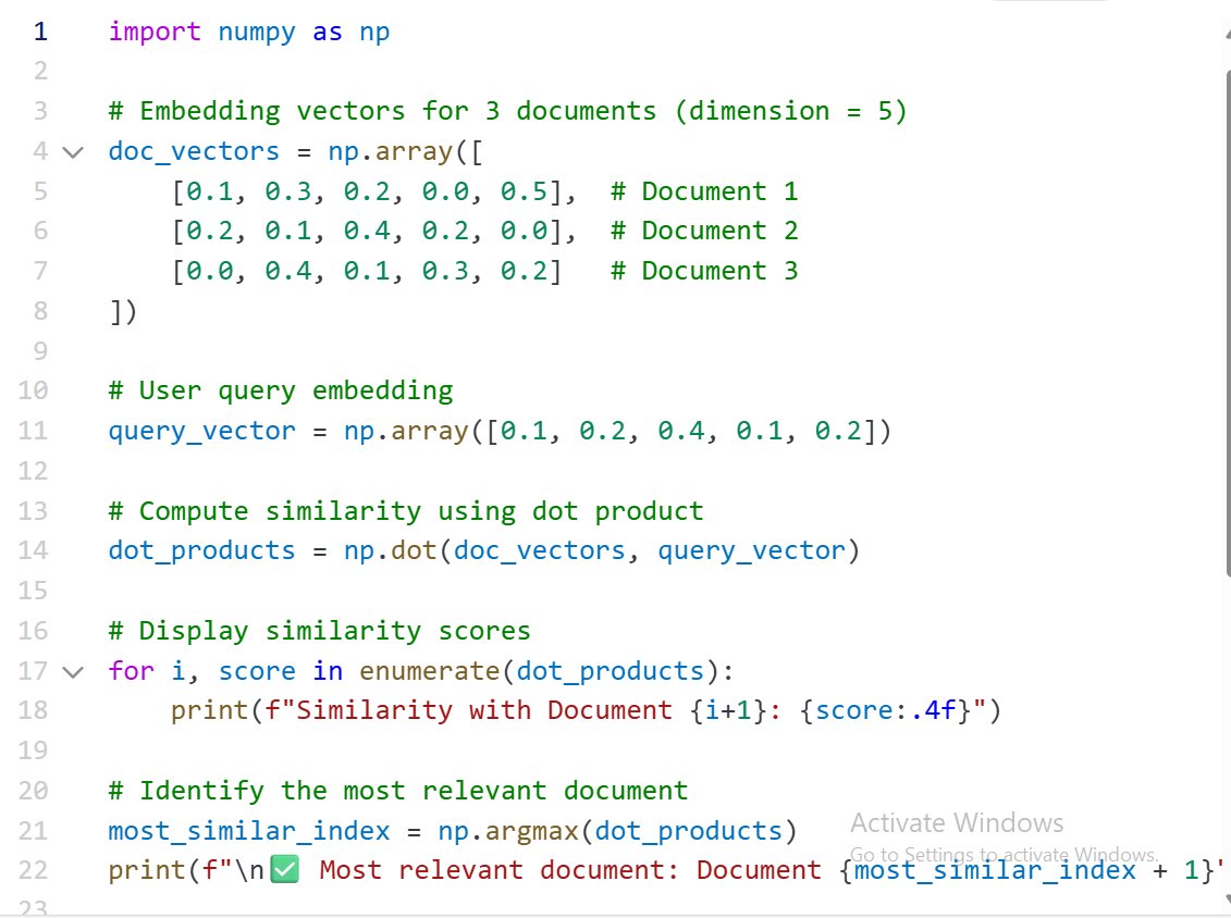 📌 Retrieval-Augmented Generation (RAG) – Dot Product Demo with NumPy

🔍 Want to know how a user's query finds the most relevant document in a vector database?

👇 Here’s a simple Python demo: