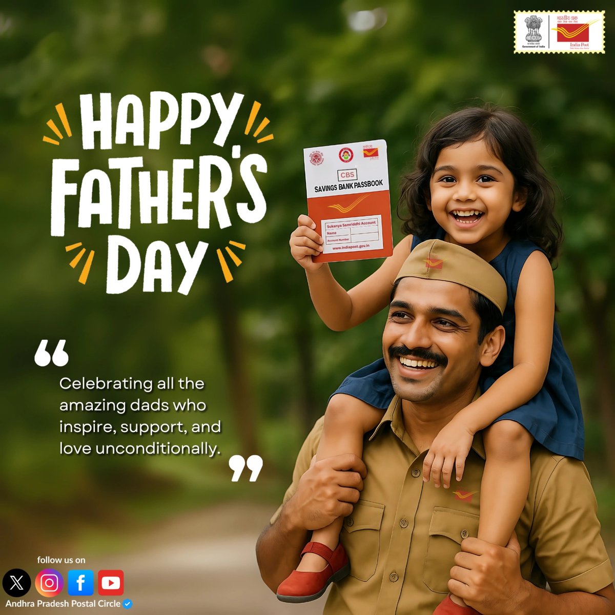 appostalcircle's tweet photo. On duty for the nation, on shoulders for his world.
This Father's Day, we salute every India Post dad delivering love - at work and at home. 💌👨👦
#FathersDay #IndiaPost #PostalPride #DeliveringLove #APPostalCircle https://t.co/lWiBwIqXzd