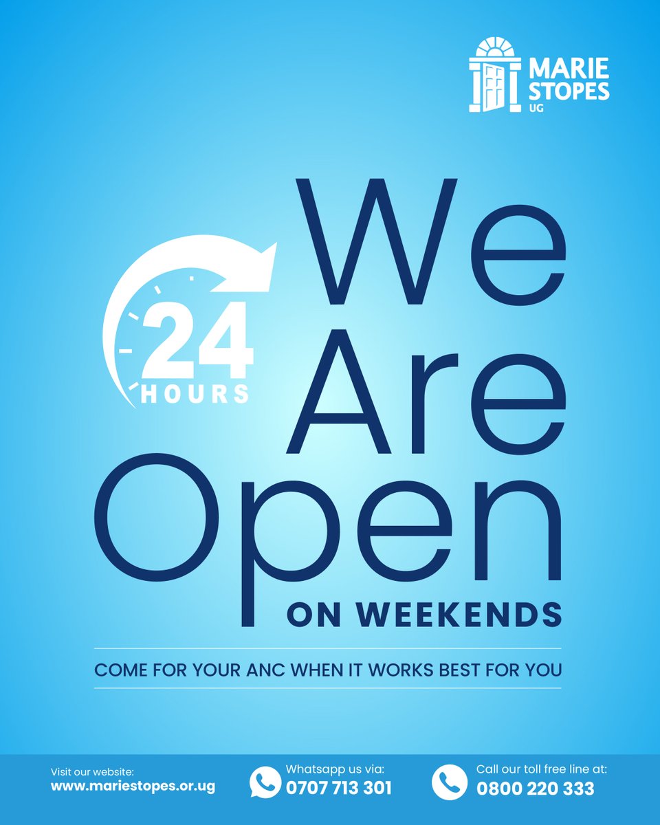 Our doors are open, even on weekends!

Need a check-up? Come in at a time that works best for you, including weekends and public holidays.

For information and bookings
Call: 0800220333
Whatsapp 0707713301
Online bookings: mariestopes.or.ug/contact-us/