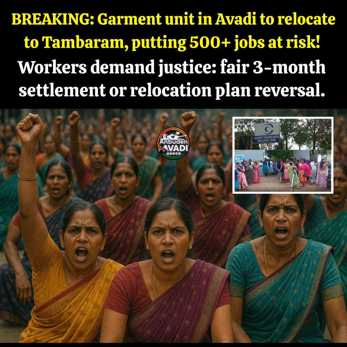 AnbudenAvadi's tweet photo. We are not just 500 workers, we are 500 families, and many of us are single parents. We have to manage our homes too,” said 41-year-old R Jansi from Minjur.
#WorkersUnite #AvadiGarmentUnit #JusticeForWorkers #protest #AVADI
#WomenInProtest
Source: @newindianexpress https://t.co/SlBjFBZ15g