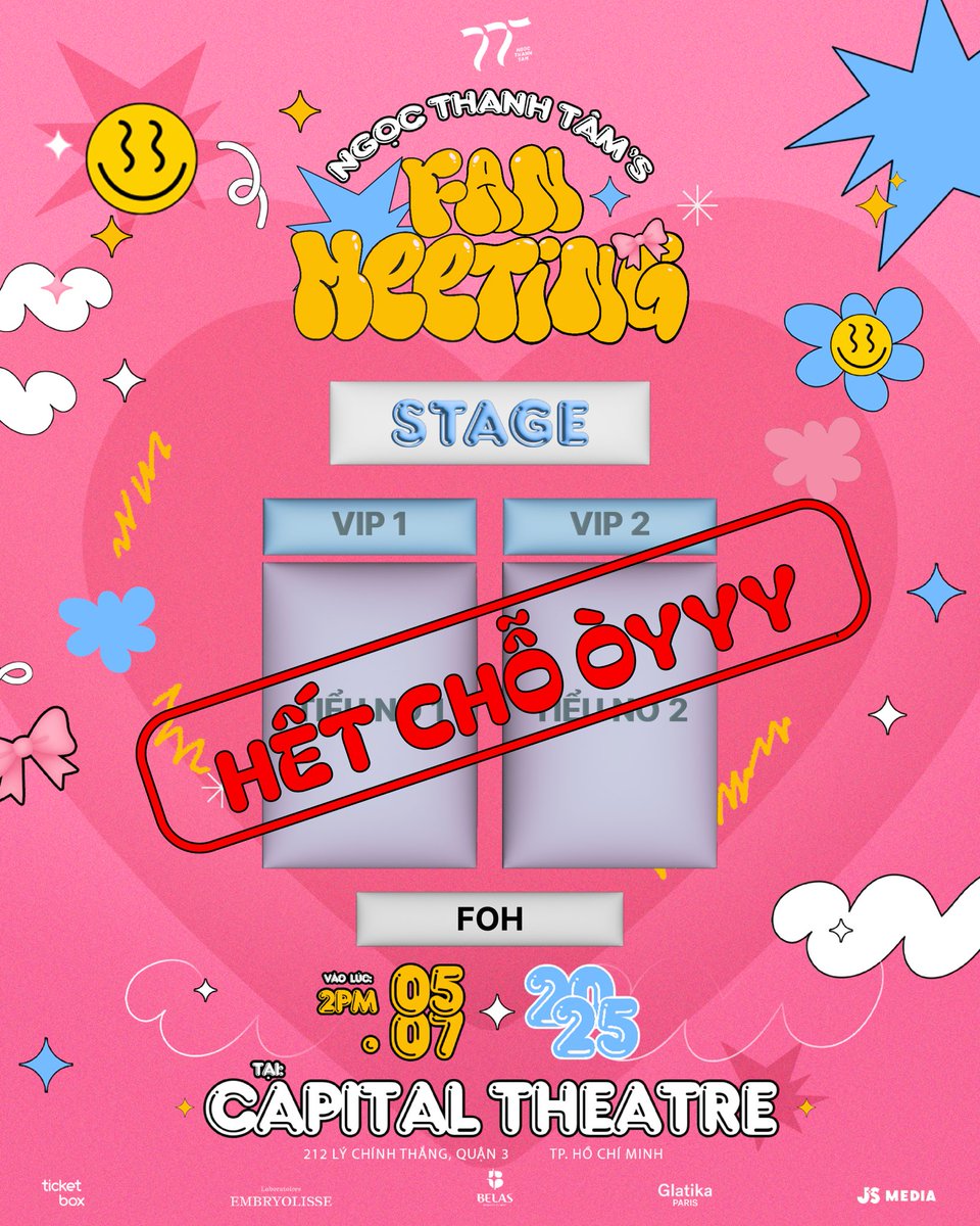 🎀 SOLD TRONG VÒNG 1 PHÚT 🎀 

Trời ơi chấn động chuyến này quá các Tiểu Nơ ơiiii 😍🫶🎀🎉🎉
Hẹn gặp tất cả mọi người tại FMT nha 😊

NGỌC THANH TÂM'S FAN MEETING IN HO CHI MINH CITY
📅 Thời gian: 14h00 ngày 05/07/2025
📍Địa điểm: Capital Theatre

#NgocThanhTam