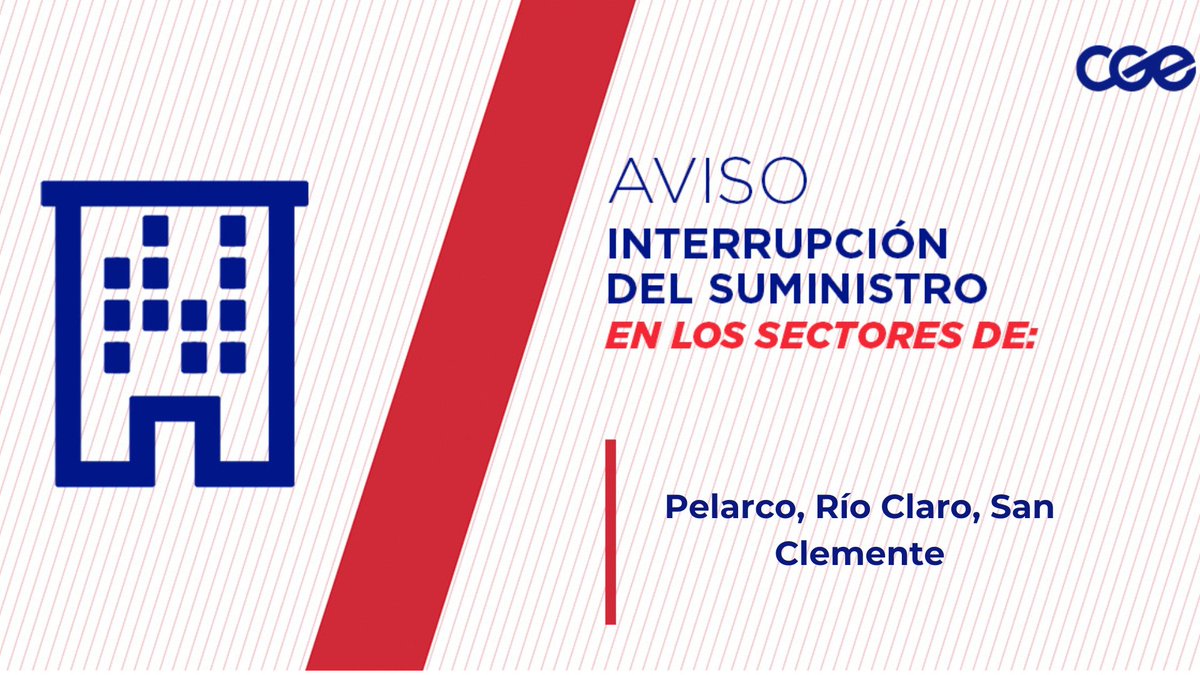 Informamos a nuestros clientes de los sectores de K-15, K-415, K-45, Los Cristales - La Isla; comunas de #Pelarco, #RíoClaro y #SanClemente, la interrupción del suministro eléctrico. Nuestro personal de emergencia ya está informado.