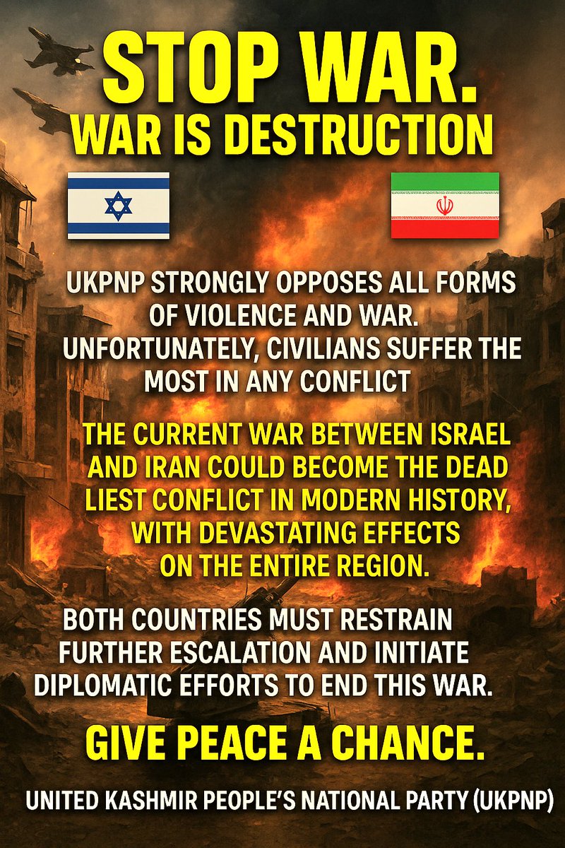 Sardar Nasir Aziz KHAN (@nasirkhanukpnp) on Twitter photo #UKPNP opposes wars & violence civilians suffer the most in conflicts.
<a href="/Israel/">Israel ישראל</a> & #Iran must restrain escalation & choose diplomacy.
GIVE #PEACE A CHANCE.
<a href="/shaukatkashmiri/">Shaukat Ali Kashmiri</a>
@un <a href="/eu_eeas/">European External Action Service - EEAS 🇪🇺</a> <a href="/realDonaldTrump/">Donald J. Trump</a>
<a href="/VP/">Vice President JD Vance</a> <a href="/SecRubio/">Secretary Marco Rubio</a> <a href="/mfa_russia/">MFA Russia 🇷🇺</a>
<a href="/MFA_China/">CHINA MFA Spokesperson 中国外交部发言人</a> <a href="/francediplo/">France Diplomatie 🇫🇷🇪🇺</a> <a href="/SwissMFA/">Swiss MFA</a> <a href="/IsraelMFA/">Israel Foreign Ministry</a> <a href="/unsc/">UNSC</a> #UKPNP opposes wars & violence civilians suffer the most in conflicts.
<a href="/Israel/">Israel ישראל</a> & #Iran must restrain escalation & choose diplomacy.
GIVE #PEACE A CHANCE.
<a href="/shaukatkashmiri/">Shaukat Ali Kashmiri</a>
@un <a href="/eu_eeas/">European External Action Service - EEAS 🇪🇺</a> <a href="/realDonaldTrump/">Donald J. Trump</a>
<a href="/VP/">Vice President JD Vance</a> <a href="/SecRubio/">Secretary Marco Rubio</a> <a href="/mfa_russia/">MFA Russia 🇷🇺</a>
<a href="/MFA_China/">CHINA MFA Spokesperson 中国外交部发言人</a> <a href="/francediplo/">France Diplomatie 🇫🇷🇪🇺</a> <a href="/SwissMFA/">Swiss MFA</a> <a href="/IsraelMFA/">Israel Foreign Ministry</a> <a href="/unsc/">UNSC</a>