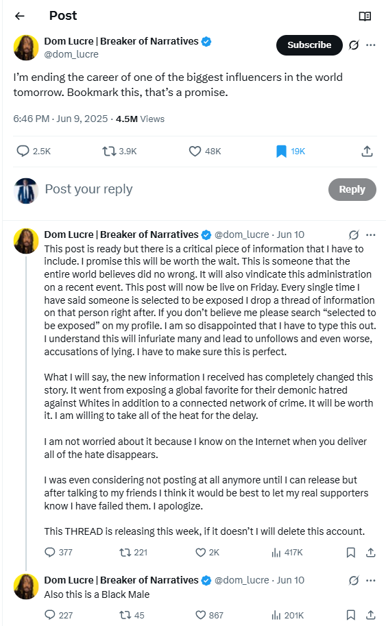 SDeveloper1111's tweet image. You spoke about "ending the career of one of the biggest influencers in the world". Where are the posts? Where is the information? Why did you lie and not make the posts? @dom_lucre