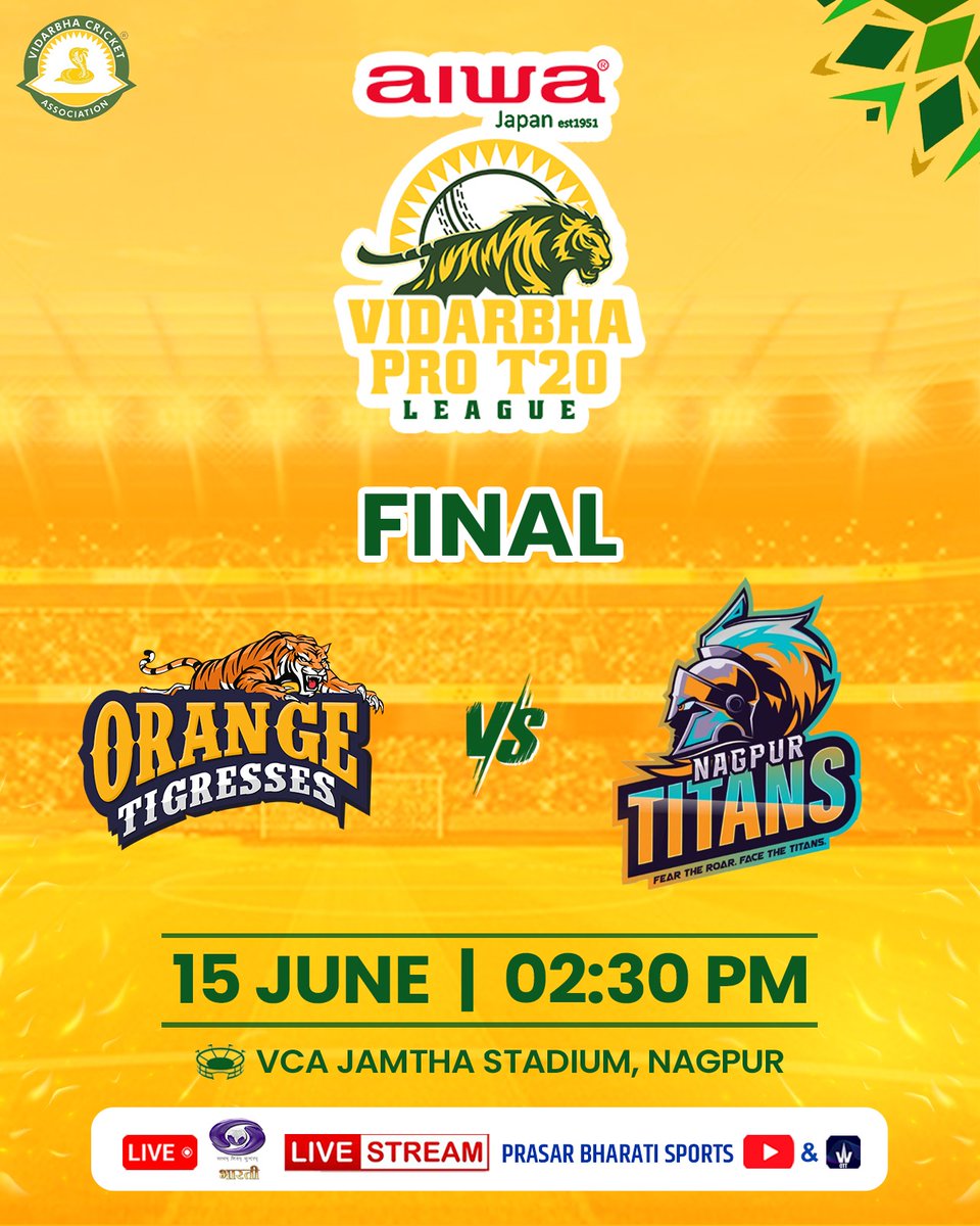तैयार हो जाइए विदर्भ प्रो टी20 लीग के धमाकेदार फाइनल के लिए  — Orange Tigresses 🆚 Nagpur Titans 🔥🏏

लाइव एक्शन देखें : DD Bharati, Prasar Bharati Sports YouTube चैनल और Waves OTT पर।  📺📱

कौन बनेगा चैंपियन? 🏆

#VidarbhaProT20League