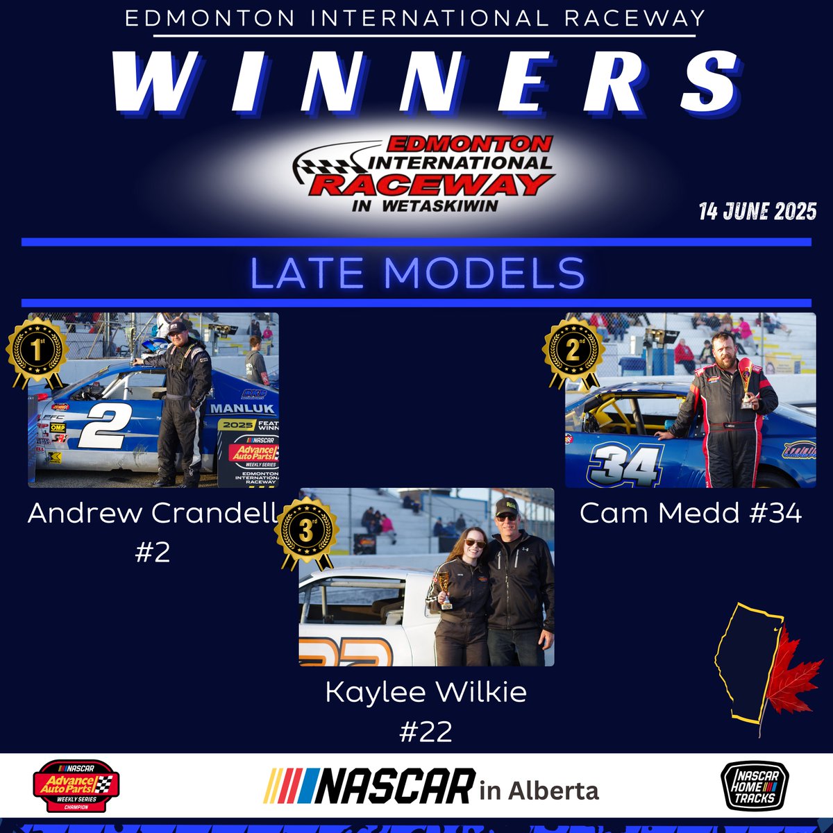Congratulations to our winners tonight! A big thank you to our fans, our racers for putting on an excellent show, and to Community Aim for 50/50 tickets!
#NASCAR #latemodelracing #yyc #yeg #carracing #cars #Family