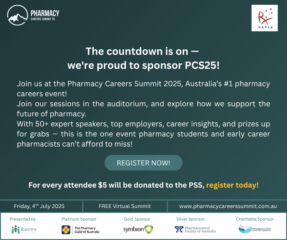 Pharmacy Careers Summit 2025!

Join 50+ expert speakers, explore sessions tailored to every stage of your pharmacy journey, and connect with top employers across community and hospital pharmacy.

Friday 4 July 2025
100% virtual and free
&gt;Register now: pharmacycareersummit.com.au