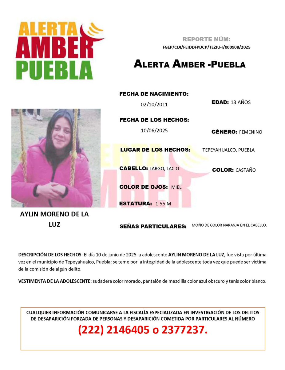TribunaVigila's tweet photo. Activan #AlertaAmber para localizar a Alylin Moreno de la Luz de 13 años, fue vista por última vez el #10deJunio en #Tepeyahualco, #Puebla. #Comparte #ServicioSocial #LaVozDeLosPoblanos #SeBusca https://t.co/jk8E3rdrFg