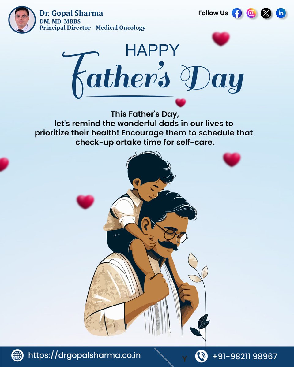 dr_gopal_sharma's tweet photo. This Father’s Day, let’s celebrate the strength, love, and sacrifices of all the amazing dads out there. 💙
Here’s a gentle reminder to help them prioritize their health and well-being — because a healthy dad is a happy dad! 👨‍⚕️
.
.
.
#DrGopalSharma #HappyFathersDay https://t.co/BsnthACKSa