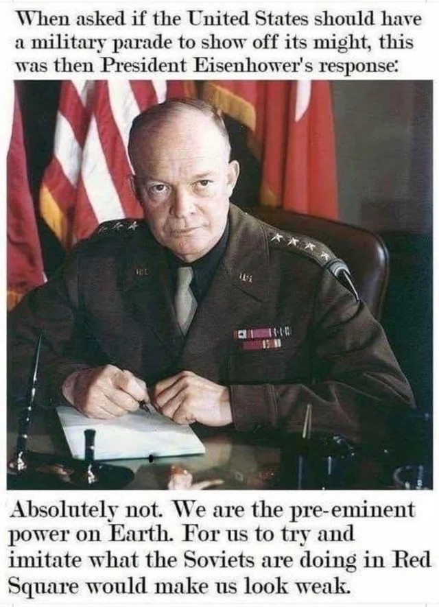 Ignitio10442572's tweet photo. @tomri33le @douglandry Prior administrations (Republican &amp; Democratic) rarely ever held a military parade in DC. The only people anywhere else in the world who do such things are tin-pot dictators. https://t.co/qi6aQwzkj5