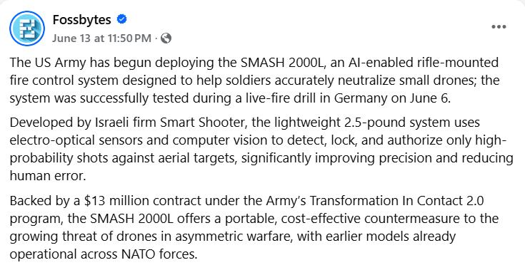 CyberpunkTTRPG's tweet photo. US Soldiers Get New A.I. Rifle Scope That Can Destroy Enemy Drones On Its Own! #Drones #AntiDrones #SmartScope #DroneCountermeasures #SMASH2000L #DroneWarfare #Cyberpunk #TTRPG #RPG https://t.co/wuzVEIVAul