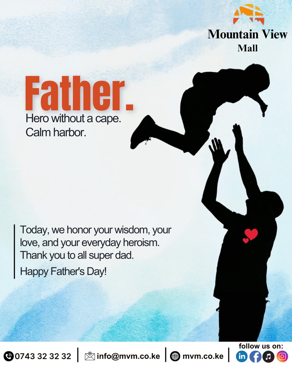 Mountain View Mall (@mvm_ke) on Twitter photo Happy Father’s Day from Mountain View—where the scenery is beautiful, but nothing compares to the view of a dad’s love. 💙
Tag your dad below if he deserves all the views—and the love! 👇
#HappyFathersDay #DadAndViews #MountainVibes #FamilyFirst #ThankYouDad #MakingMemories Happy Father’s Day from Mountain View—where the scenery is beautiful, but nothing compares to the view of a dad’s love. 💙
Tag your dad below if he deserves all the views—and the love! 👇
#HappyFathersDay #DadAndViews #MountainVibes #FamilyFirst #ThankYouDad #MakingMemories