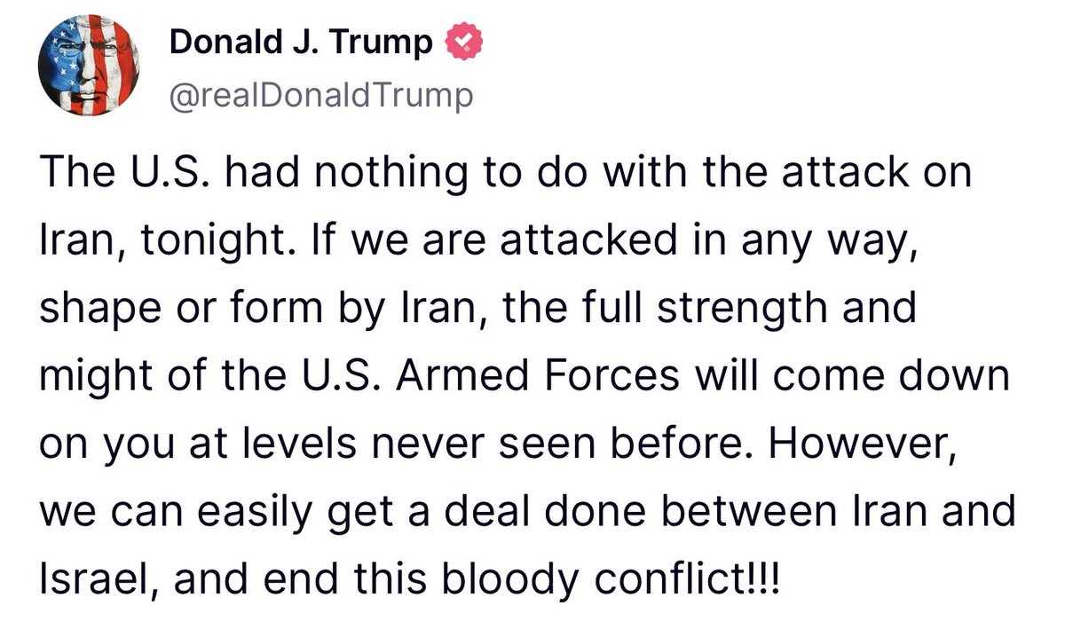 #Trump has denied the involvement of the US in the recent #Israeli strikes on Iran.

He also warned #Iran, "If we are attacked in any way by Iran, the US armed forces will come down at levels never seen before."