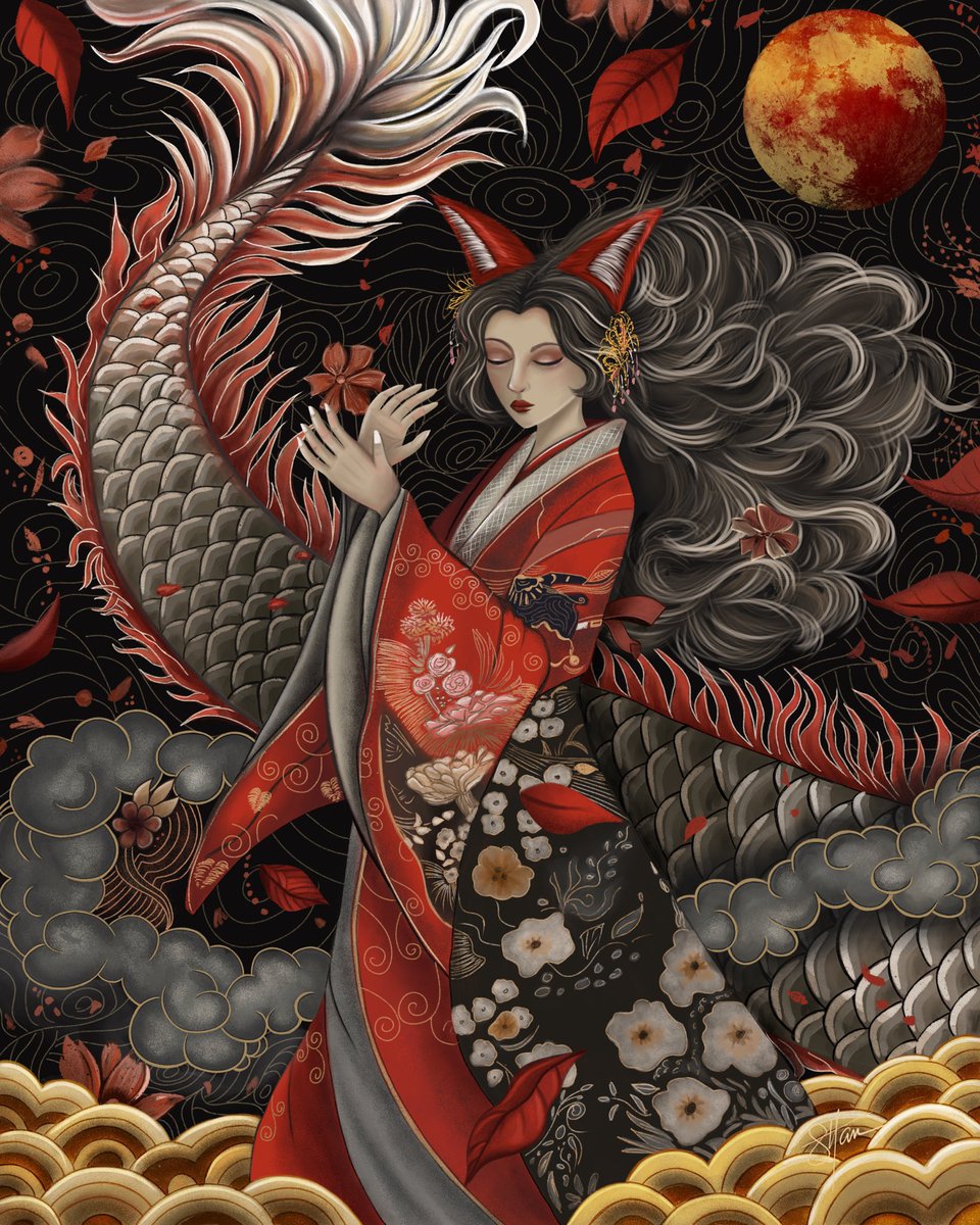 “Celestial Fox Guardian”

Beneath the golden moon’s luminous embrace, the Celestial Fox Guardian rises.  Her kimono shimmers in starlight and dragon scales ripple like a living armor.  Her fox ears sway to the leaves’ gentle, whispering song, a sacred pulse thrumming through the