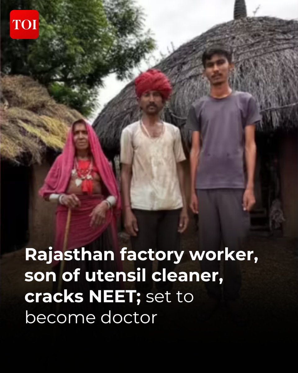 Shrawan Kumar, a 19-year-old in #Balotra who toils in a factory while studying and whose parents wash dishes at village ceremonies to support life in a thatched two-room mud house, has cleared this year's #NEET.

Know more🔗toi.in/SZhmTZ6
#Rajasthan #NEETResult