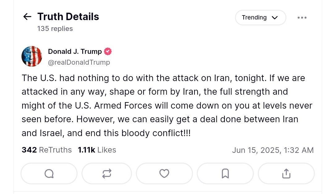 Trump appears to have regrets about the Israel/US surprise attack on Iran. I hope he recognises that this was a huge mistake and puts an end to the war