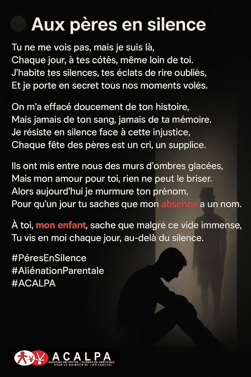 En ce jour de fête des pères...
À vous, les pères en silence, que l’on a privés de bras, de voix, de rire, mais jamais d’amour.
À vous qui portez encore chaque jour l’image de votre enfant dans le cœur. 
À vous, qui continuez à aimer malgré l’absence, à espérer
Ce jour est à vous