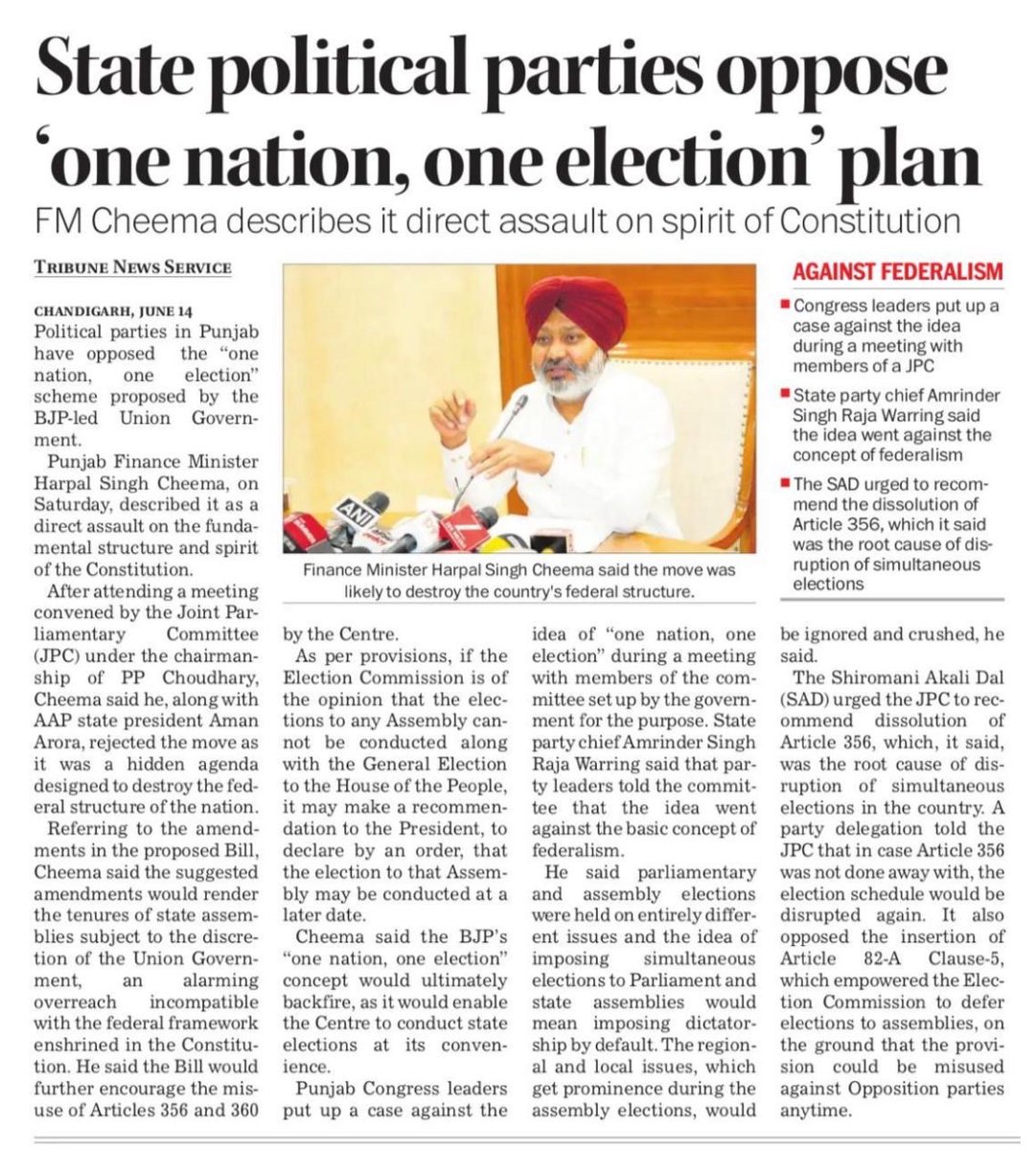 Neel Garg (@gargneel) on Twitter photo ЁЯЪи тАЬOne Nation, One ElectionтАЭ тАФ A Direct Assault on IndiaтАЩs Federal Soul?
CM <a href="/BhagwantMann/">Bhagwant Mann</a> & FM @HarpalCheemaAAP have unequivocally rejected this BJP-led push, calling it a backdoor attempt to bulldoze democracy. Here's what's at stake тмЗя╕П
ЁЯЫС State governments reduced to rubber ЁЯЪи тАЬOne Nation, One ElectionтАЭ тАФ A Direct Assault on IndiaтАЩs Federal Soul?
CM <a href="/BhagwantMann/">Bhagwant Mann</a> & FM @HarpalCheemaAAP have unequivocally rejected this BJP-led push, calling it a backdoor attempt to bulldoze democracy. Here's what's at stake тмЗя╕П
ЁЯЫС State governments reduced to rubber