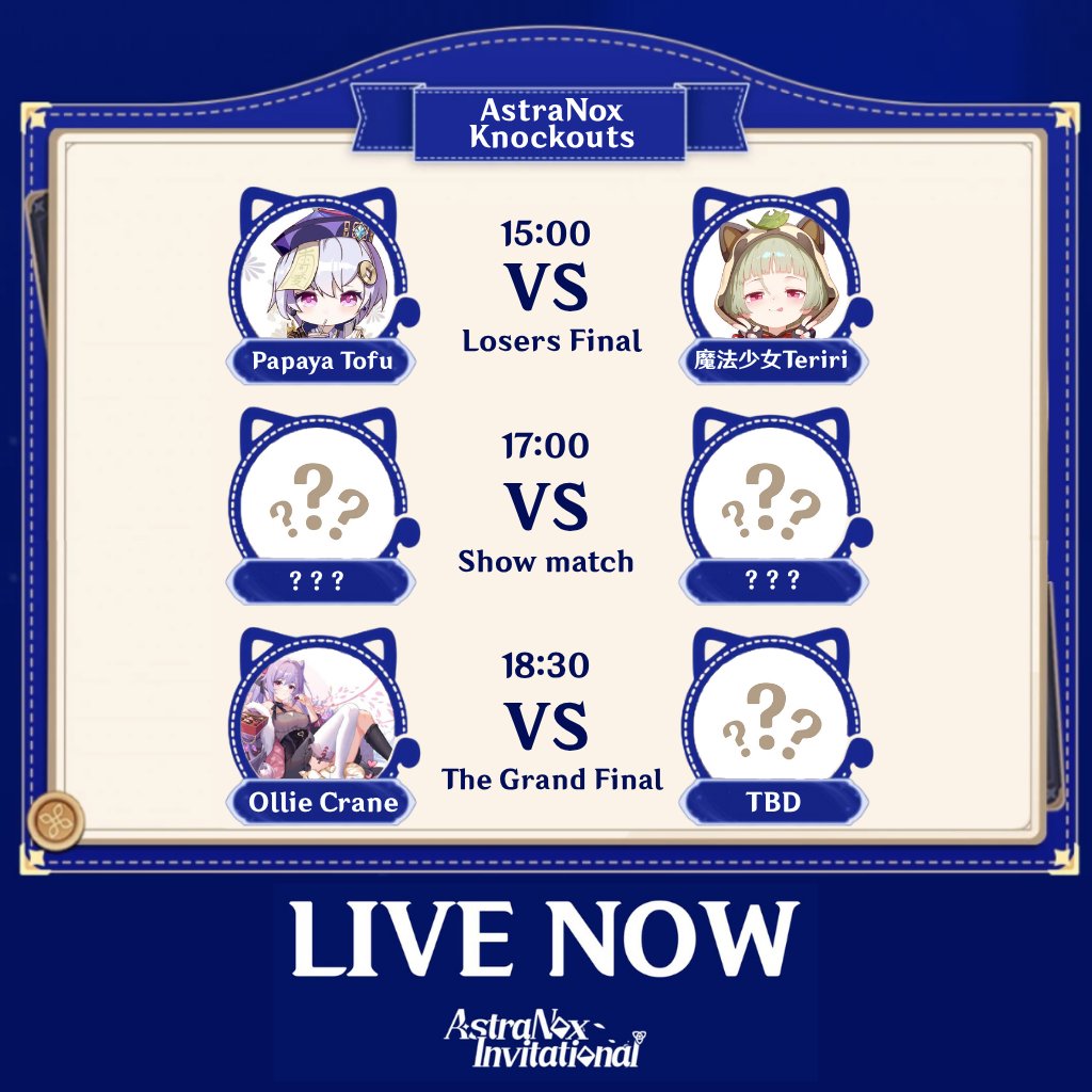 invokationtcg's tweet photo. LIVE NOW ASTRANOX ELIMINATION STAGE TOP 12! WATCH BELLOW GRAND FINALS🔽🔽🔽
Of 12 duelists only 1 may survive and become CHAMPION!
- 魔法少女Teriri VS Papaya Tofu
- REAL LIFE TCG MATCH
- Ollie Crane VS ???
#GenshinImpact #GeniusInvokationTCG #StarlitInvitationCup https://t.co/AMePH9Phlw