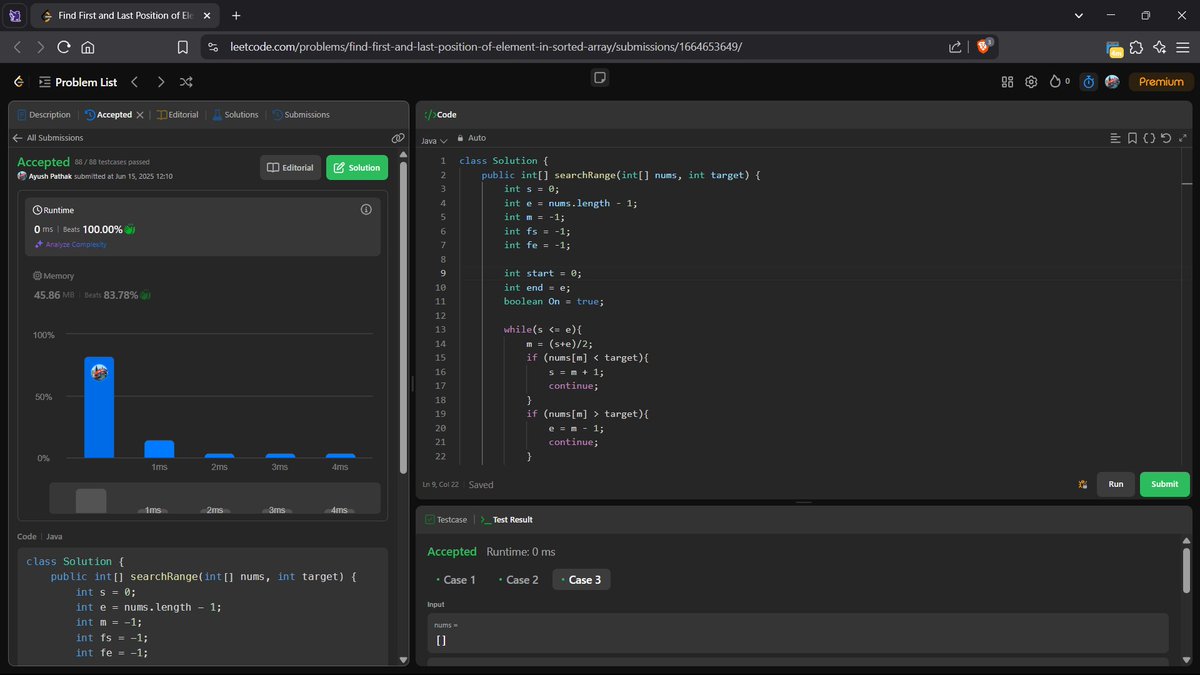 Day 45 of DSA Using Java 🚀
 
Solved Problem on Arrays on Leetcode :        
34. Find First and Last Position of Element in Sorted Array 🔗 leetcode.com/problems/find-…

#DSAWithKunal #60DaysOfDSA #CodingCommunity #BuildInPublic #Java