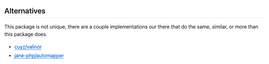 jakub_tobiasz's tweet image. I love sections in README files that present other packages as alternatives with their own pros and cons, not as competitors.
Kudos to the `thephpleague/object-mapper`!