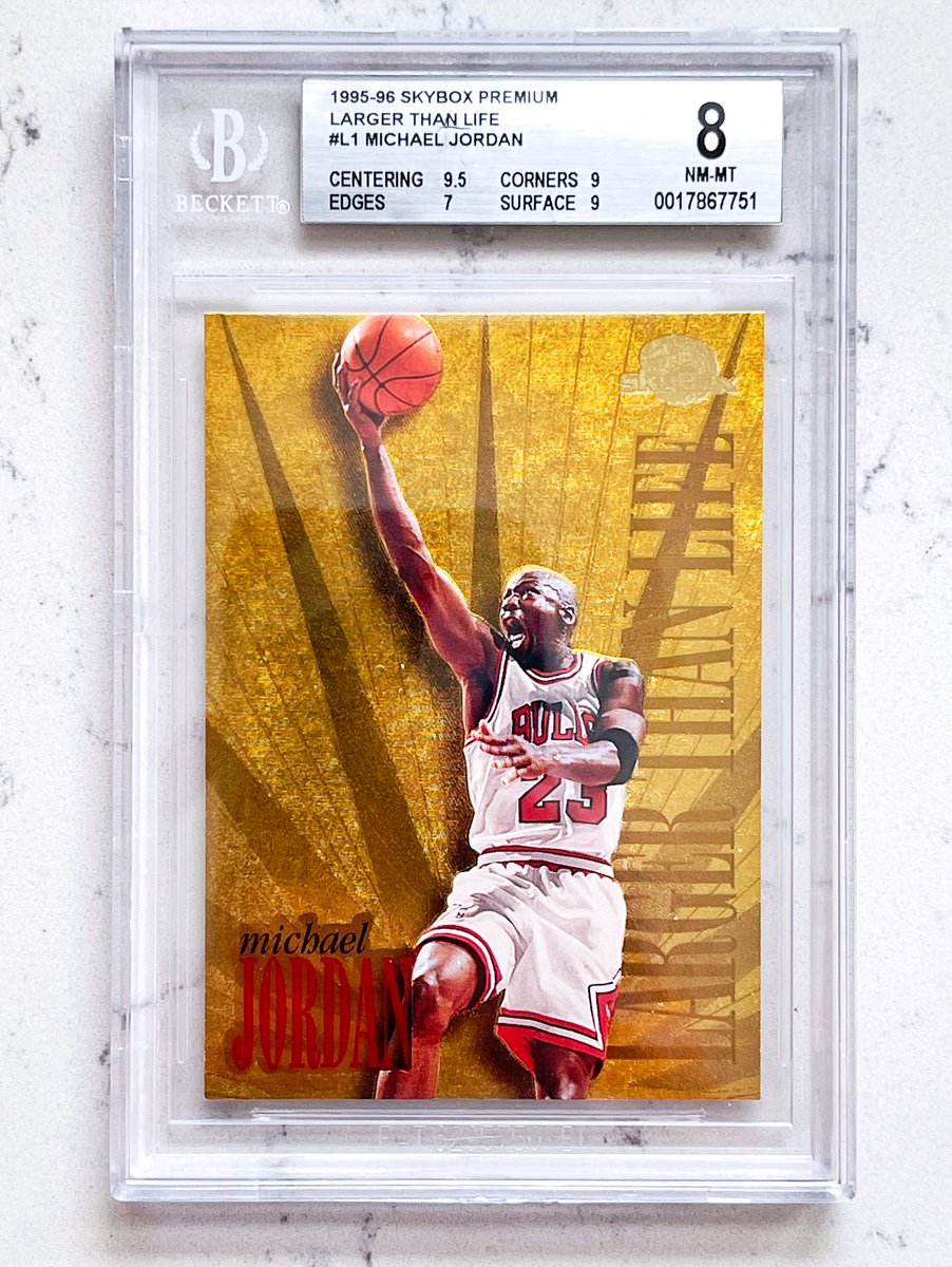 PC Card of the Day: The GOAT, 1995 Skybox Premium Larger Than Life BGS 8. This insert was 1:48 packs of hobby with a 10 card set, so 1:480 packs to hit an MJ. Definitely not ultra-rare, but the gold foil makes this a really tough grade.