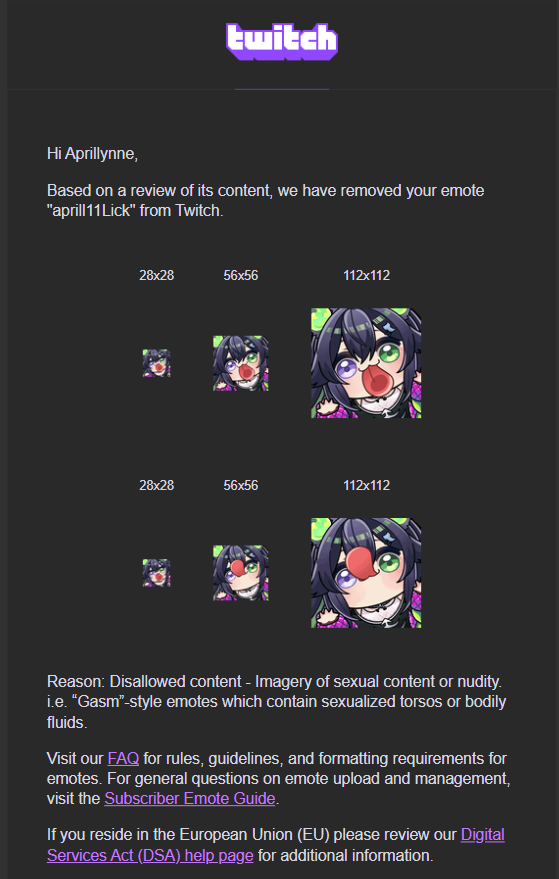 Hey <a href="/Twitch/">Twitch</a> can you tell me what's sexual about this emote? There is no "nudity" no "sexual content" no "bodily fluids" and certainly no "sexualized torsos"