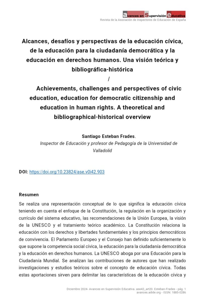 Alcances, desafíos y perspectivas de la educación cívica, de la educación para la ciudadanía democrática y la educación en derechos humanos. Una visión teórica y bibliográfica- histórica. 

Por Santiago Esteban Frades 

Características y definición. 

avances.adide.org/index.php/ase/…