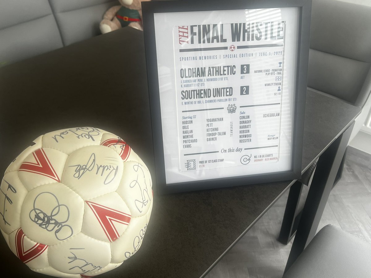 #OAFC Int Father’s Day brilliant. A few items from over the years here. Signed ball from the 1991 Div 2 title team and the Southend frame. Which game gave you the better feeling. #Fathersday 💙🧡