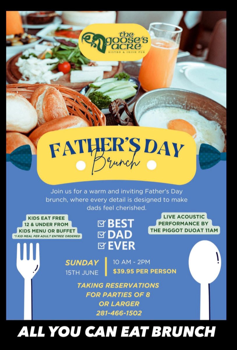 TheGoosesAcre1's tweet photo. #AllYouCanEat 
#FathersDay  #Brunch 10A-2P

#KidsEatFree 12 &amp; Under
1 kid’s meal per Adult entree

Special Menu

#acoustic #music 11A-3P
#Mimosas #BloodyMarys

Brunch on #TheWaterway

#WoodlandsWaterway

#FathersDayBrunch #Brunching  #LiveMusic #breakfast #lunch #TheWoodlandsTX https://t.co/EGTpuibyUp