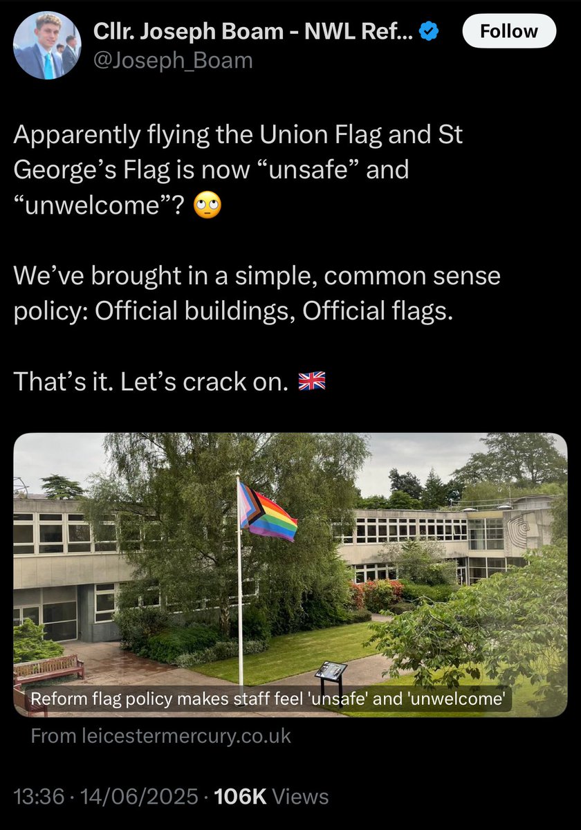 BREAKING: Joseph Boam has demonstrated why he’s unfit to be in office! 

Making the false claim that flying the UK flag makes people feel unsafe - it’s banning flags that make people feel unsafe.