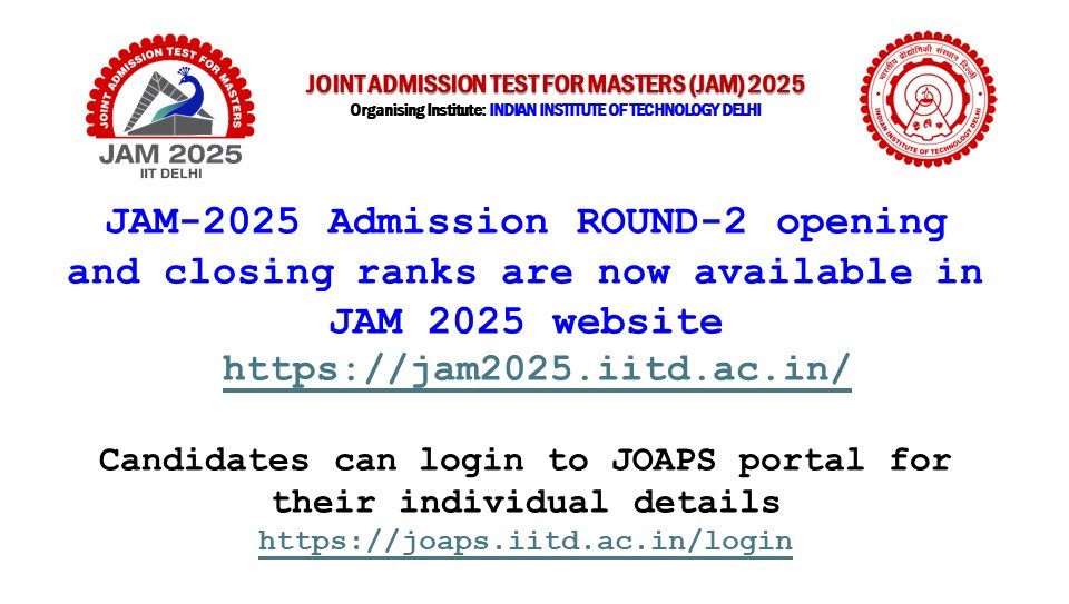 JAM 2025 (@jam2025official) on Twitter photo JAM-2025 Admission ROUND-2 opening and closing ranks are available in JAM 2025 website jam2025.iitd.ac.in Candidates can login to JOAPS portal. joaps.iitd.ac.in/login #JAM2025
<a href="/iitdelhi/">IIT Delhi</a>
<a href="/iiscbangalore/">IISc Bangalore</a> <a href="/iitbombay/">IIT Bombay</a> <a href="/IITGuwahati/">IIT Guwahati</a> <a href="/IITKanpur/">IIT Kanpur</a> <a href="/iitkharagpur/">iit kharagpur</a> <a href="/iitmadras/">IIT Madras</a> <a href="/iitroorkee/">IIT Roorkee</a> JAM-2025 Admission ROUND-2 opening and closing ranks are available in JAM 2025 website jam2025.iitd.ac.in Candidates can login to JOAPS portal. joaps.iitd.ac.in/login #JAM2025
<a href="/iitdelhi/">IIT Delhi</a>
<a href="/iiscbangalore/">IISc Bangalore</a> <a href="/iitbombay/">IIT Bombay</a> <a href="/IITGuwahati/">IIT Guwahati</a> <a href="/IITKanpur/">IIT Kanpur</a> <a href="/iitkharagpur/">iit kharagpur</a> <a href="/iitmadras/">IIT Madras</a> <a href="/iitroorkee/">IIT Roorkee</a>