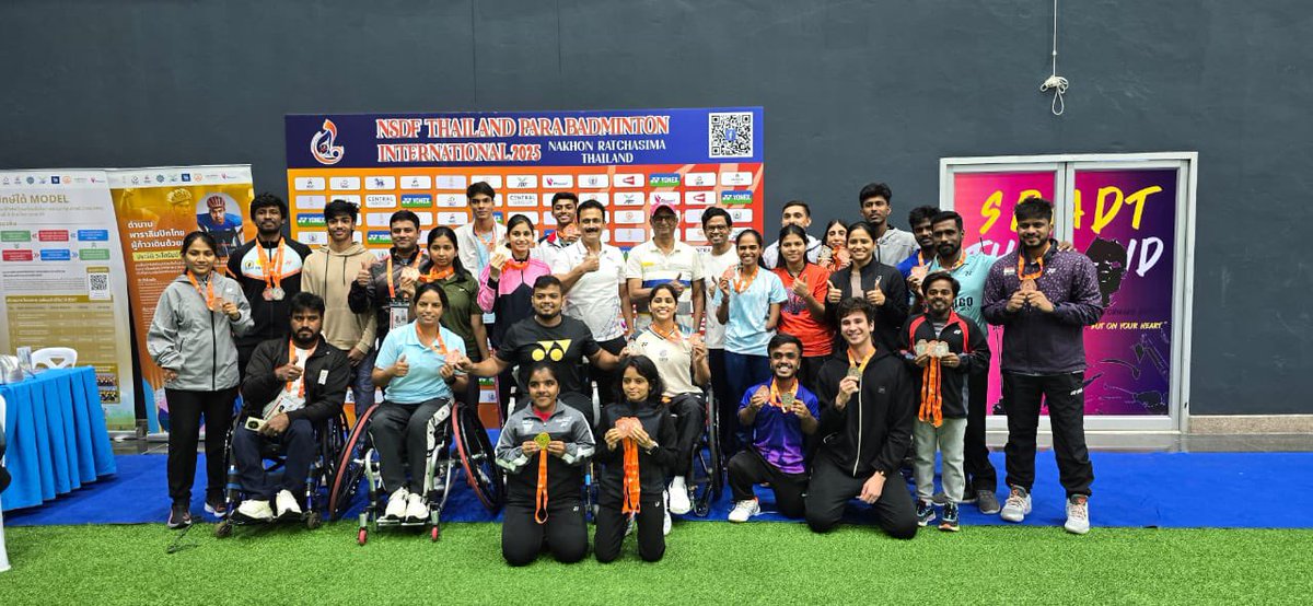BAI_Media's tweet photo. 🇮🇳 Team India wins 24 medals at Thailand Para Badminton Intl. 2025! 🇹🇭
 🥇 2 Gold | 🥈 8 Silver | 🥉 14 Bronze

🏅 Gold for Palak Kohli &amp; Chanaida 
(WD SL3-SU5) 🏅 Gold for Nithya Sre (WS SH6)

Stellar show by our para shuttlers! 💪 
#Thailand2025 #ParaBadminton #TeamIndia https://t.co/dOAMhLrI2L