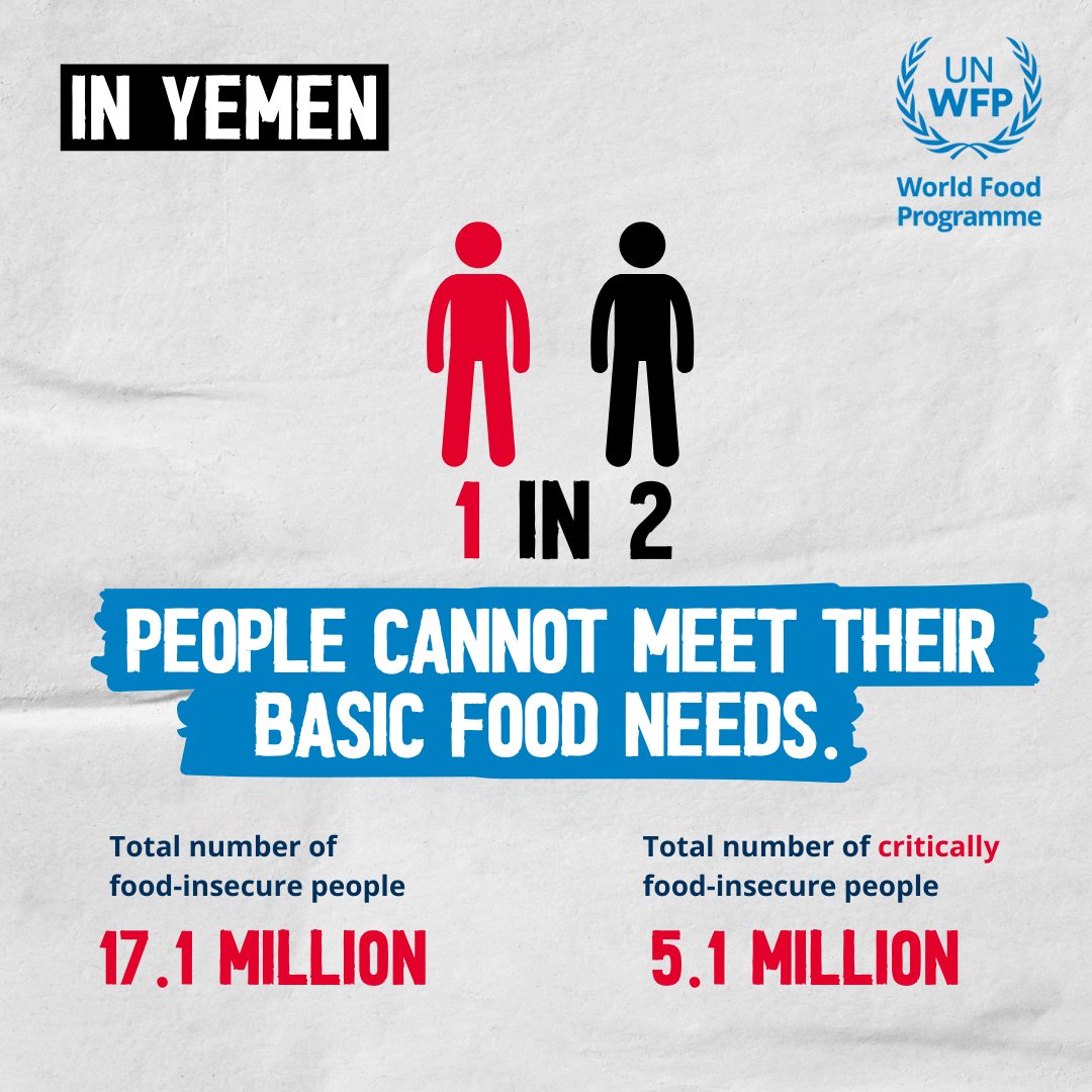 WFPYemen's tweet image. Food insecurity in #Yemen is at alarming levels. Nearly 1⃣ in 2⃣ people cannot meet their basic food needs.
For years, @WFP has helped prevent the collapse of food systems in #Yemen. But without immediate resources, millions face an uncertain future.⬇️