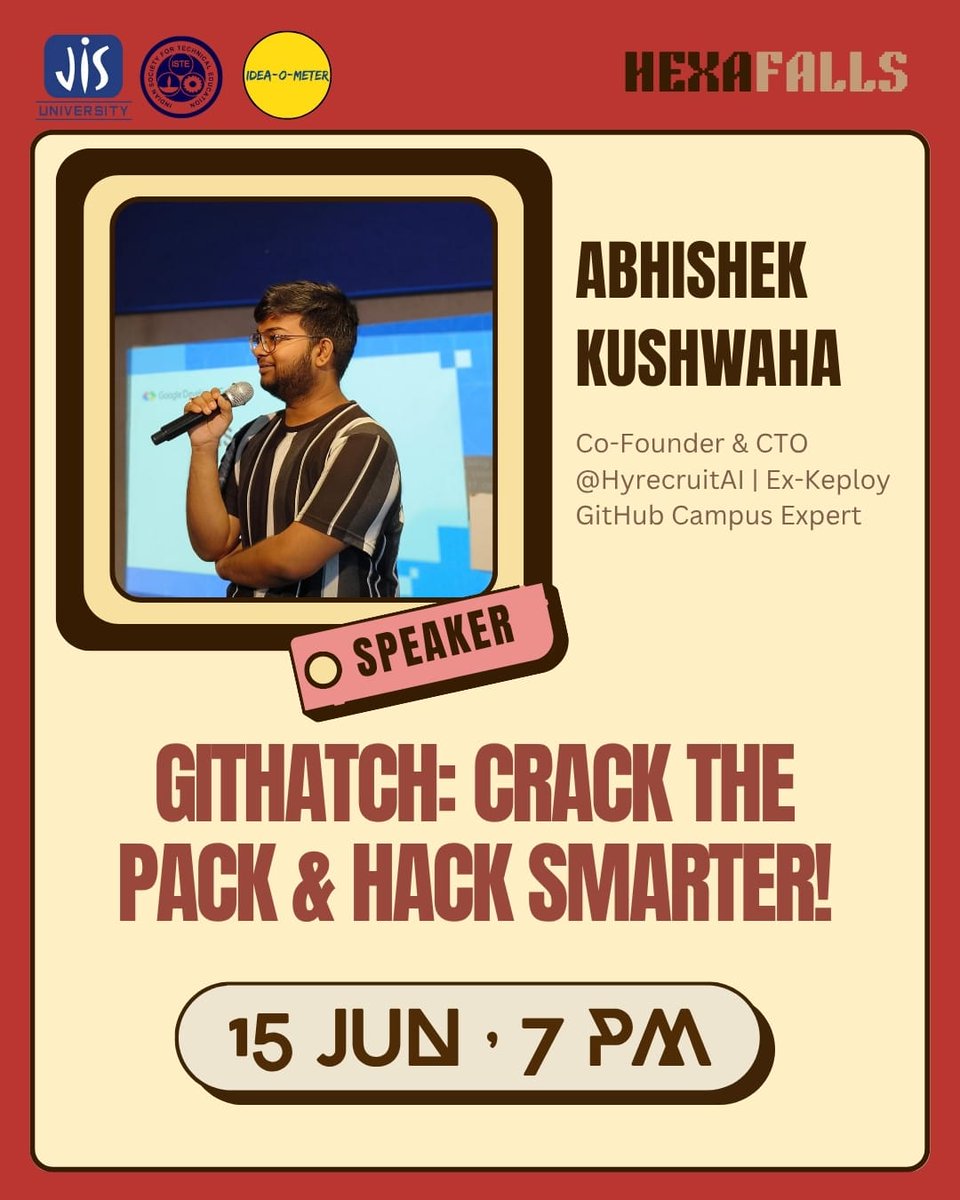 Join us at Hexafalls for "GITHATCH: Crack the Pack &amp; Hack Smarter!" with speaker <a href="/abbhishekstwt/">Abhishek Kushwaha</a>, Co-Founder &amp; CTO @HyrecruitAI, Ex-Keploy, GitHub Campus Expert.

📅 Today, 15 Jun, 7 PM | 📍 JIS University
🔗 lu.ma/asi13vk6