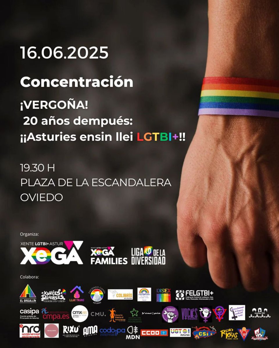 Mañana en Oviedo, en la Plaza de la Escandalera reclamaremos la Ley LGTBI+ de Asturias. Veinte años sin Ley.