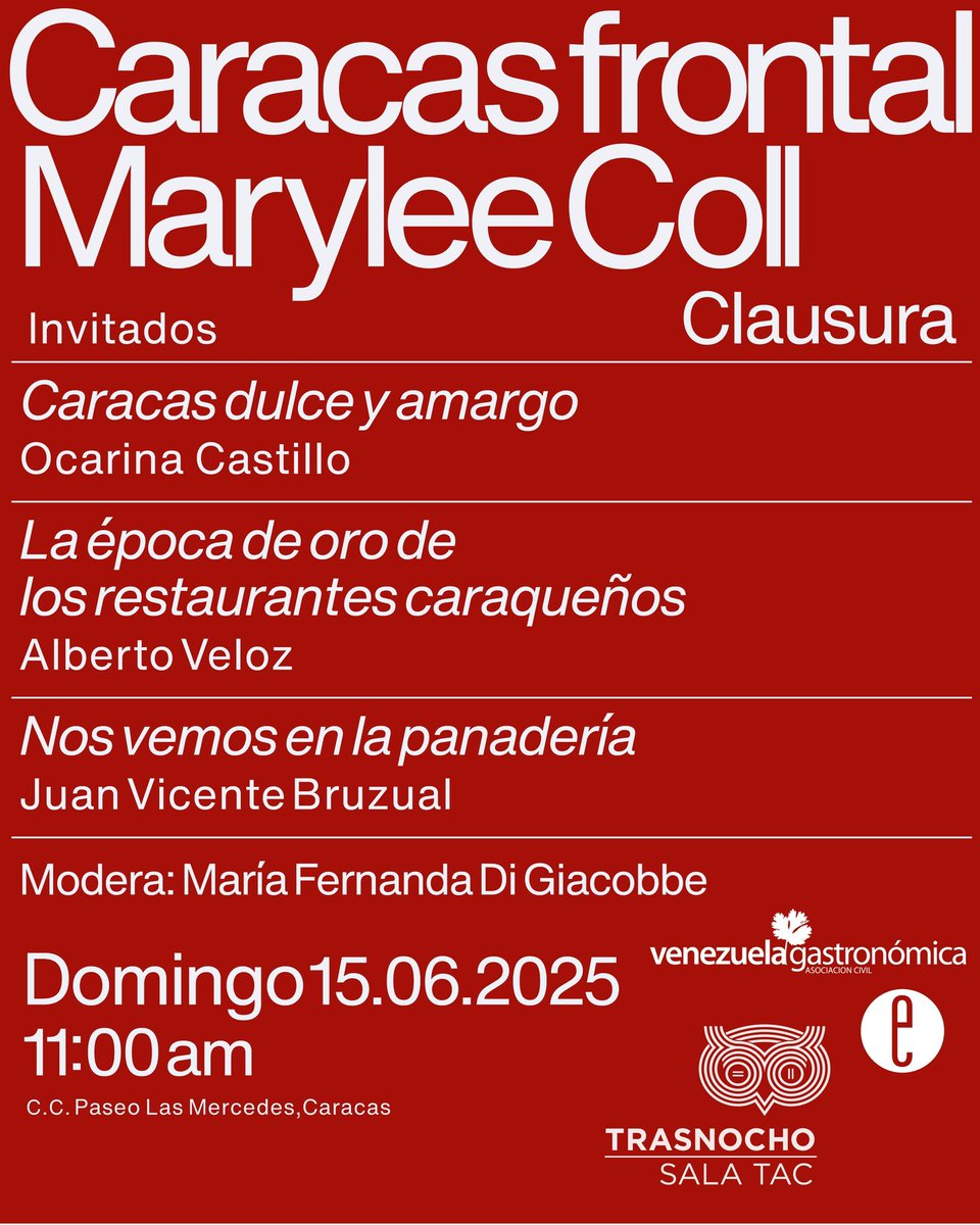 Tres charlas de lujo hoy a las 11:00 am en la <a href="/SalaTAC1/">Sala TAC</a> del <a href="/trasnochocult/">Trasnocho Cultural</a>, con motivo de la exposición CARACAS FRONTAL de <a href="/maryleecoll/">maryleecoll</a>. Con <a href="/OcarinaCastillo/">Ocarina Castillo</a>, Alberto Veloz y Juan Vicente Bruzual.