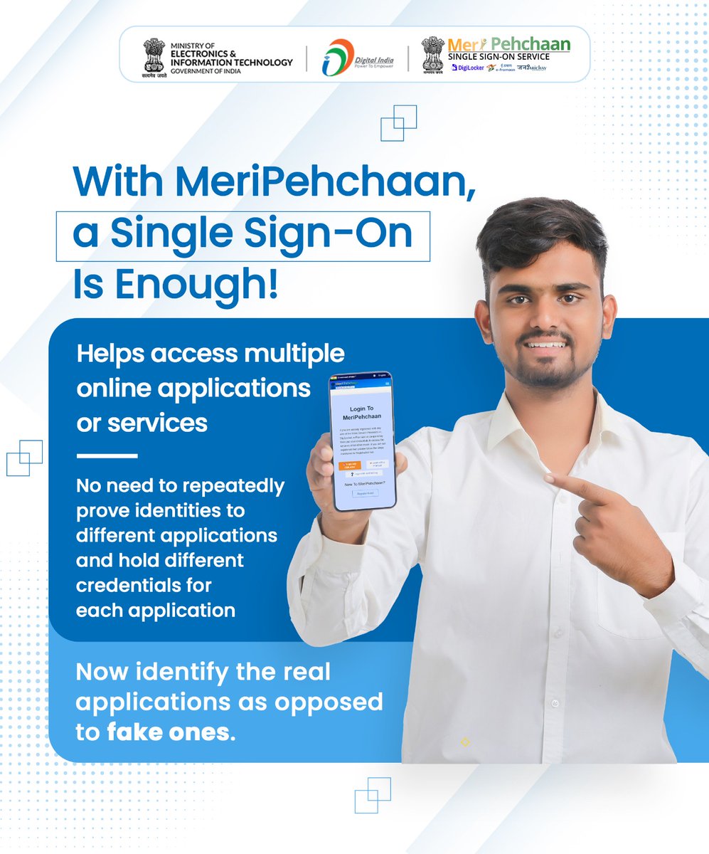 _DigitalIndia's tweet image. Already having with over 575 Million enrolled users, #MeriPehchaan helps you sign on to multiple services with your Mobile number, Username, Password/PIN, and two-factor authentication.

#DigitalIndia #SecureLogin