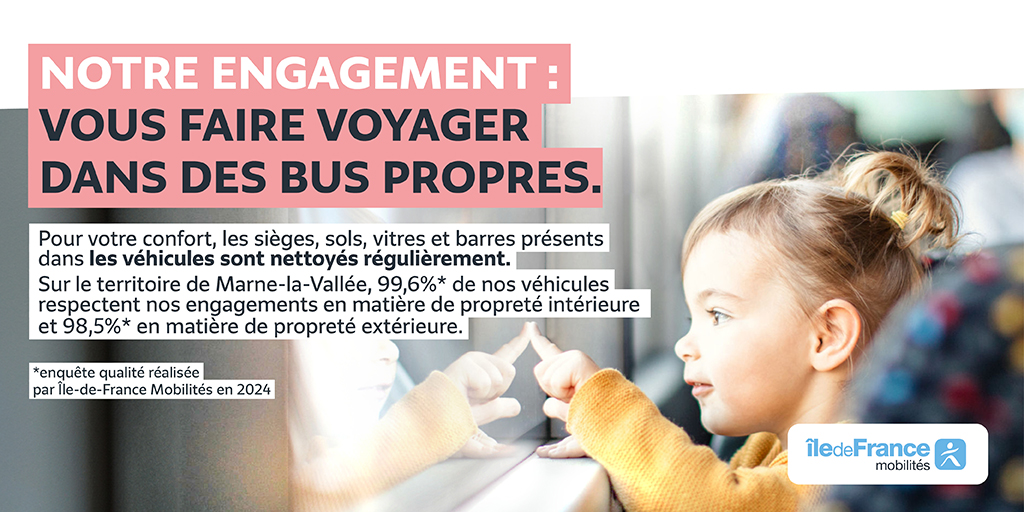 ✨ Propres dehors, nickel dedans !
À Marne-la-Vallée, 99,6 % de nos bus sont irréprochables côté propreté intérieure, et 98,5 % brillent à l’extérieur.
🧼 Sièges, sols, vitres, barres… tout est nettoyé régulièrement pour votre confort.
#Propreté #Mobilité #ConfortVoyageur