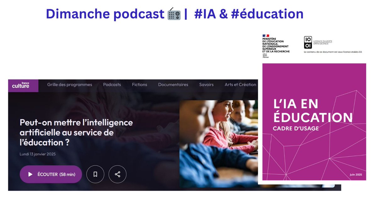 [#DimanchePodcast📻] | #EMI &amp; #IA

Récouter <a href="/AxelJean77/">Axel Jean</a> de la #DNE sur <a href="/franceculture/">France Culture</a> à l'occasion de la parution du cadre d'usage de l'#IA en #education 

🔗education.gouv.fr/cadre-d-usage-…

🔗radiofrance.fr/franceculture/…

✅#IA &amp; #esprit critique

✅Bonnes pratiques de l' #IA en #éducation