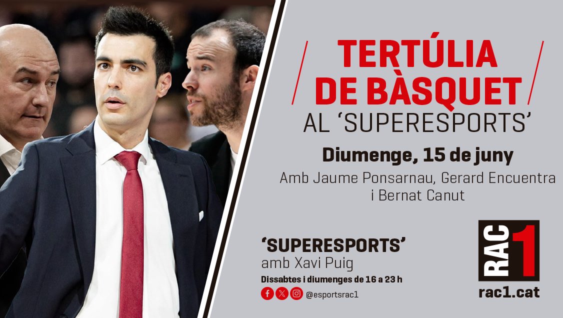 Esports RAC1 (@esportsrac1) on Twitter photo 💥 Aquesta tarda, l’èxit dels entrenadors de la demarcació de Lleida, al #Superesports!
🏀 Tertúlia amb <a href="/GerardEncuentra/">Gerard Encuentra</a>, Jaume Ponsarnau i <a href="/BernatCanut/">Bernat Canut</a>, des del Barris Nord de Lleida!
📻 Escolta-ho a partir de les 16:00 a <a href="/rac1/">RAC1</a>!
#brac1 💥 Aquesta tarda, l’èxit dels entrenadors de la demarcació de Lleida, al #Superesports!
🏀 Tertúlia amb <a href="/GerardEncuentra/">Gerard Encuentra</a>, Jaume Ponsarnau i <a href="/BernatCanut/">Bernat Canut</a>, des del Barris Nord de Lleida!
📻 Escolta-ho a partir de les 16:00 a <a href="/rac1/">RAC1</a>!
#brac1