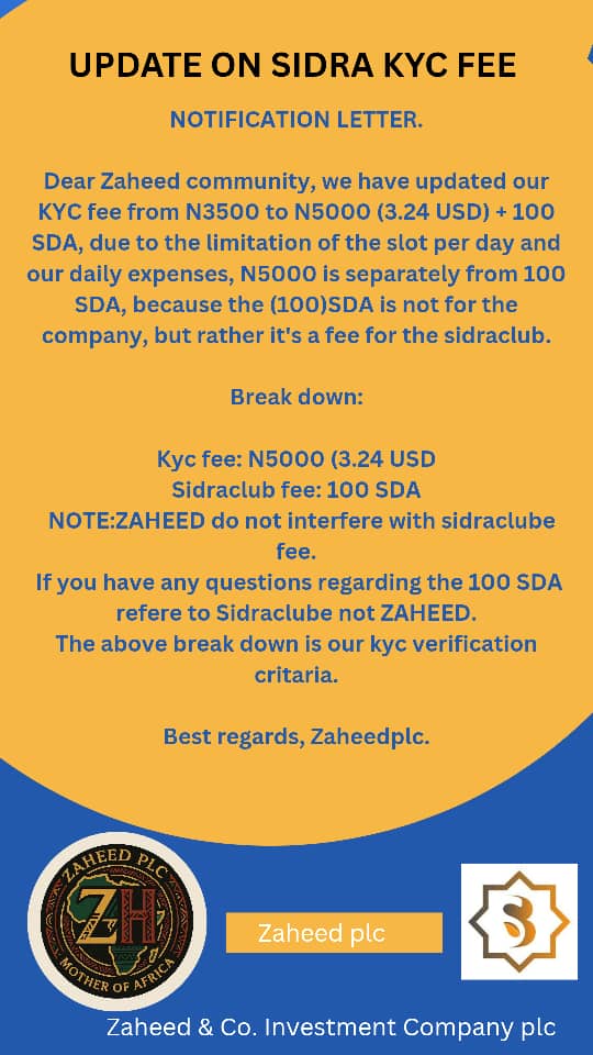 ZAHEEDPLC (@zaheedplc) on Twitter photo #ZAHEED PLC BIG UPDATE ON KYC FEE #UPGRADE.
#ZAHEED OFFICIAL KYC FEE IS NOW #5000 (3.24USD)
Please kindly read carefully and if you have any questions humbly drop your comments on a chart box.
@Sidra_Dex <a href="/sidrachain/">SidraChain</a> <a href="/muba9960/">Sidra Forums</a> <a href="/maljefairi/">محمد الجفيري</a> #ZAHEED PLC BIG UPDATE ON KYC FEE #UPGRADE.
#ZAHEED OFFICIAL KYC FEE IS NOW #5000 (3.24USD)
Please kindly read carefully and if you have any questions humbly drop your comments on a chart box.
@Sidra_Dex <a href="/sidrachain/">SidraChain</a> <a href="/muba9960/">Sidra Forums</a> <a href="/maljefairi/">محمد الجفيري</a>